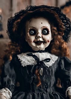 a creepy doll with red hair and blue eyes