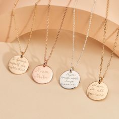 Personalized Signature Disc Necklace | Merci Maman Happy Birthday Friends, Message Necklace, Personalised Necklace, Happy Birthday Mom, Mini Charm, Disc Necklace, Mini Heart, Engraved Necklace, Champagne Gold