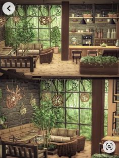 two pictures of a living room with furniture and plants on the windows sills