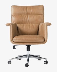 an office chair with wheels and leather upholstered on the back, in front of a white background