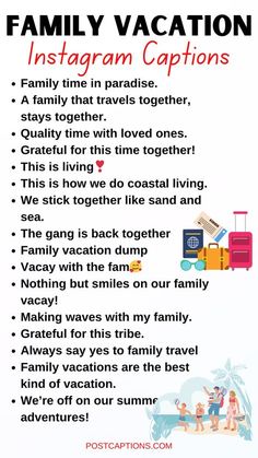 a family vacation info sheet with the words instagramn captions in red and black