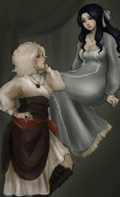 two women dressed in medieval clothing one is holding the other's hand