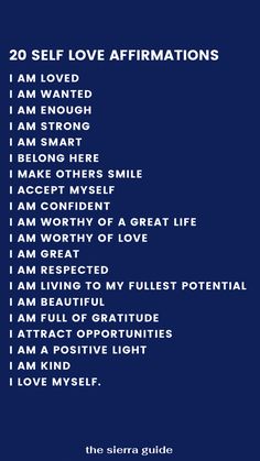 a blue poster with the words 20 self love affirmations on it's side