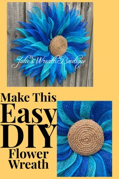 an easy diy flower wreath made with yarn and burlock is shown in three different pictures