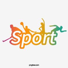 the word sport written in rainbow colors with people doing different things on it's side