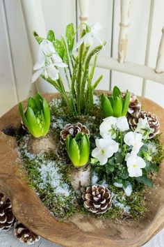 flowers and pine cones sit in the center of a wooden tray with snow on it