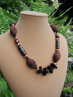 Beaded Necklace Black Wood Forest Choker Black by rrdesigns561 Wood Beads Jewelry, Beaded Necklace Black, Black And White Vase, Wood Forest, Choker Black, Black Choker, Handmade Jewelry Diy, Necklace Fashion, Necklace Black