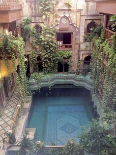 an indoor swimming pool surrounded by greenery in a building with two balconies