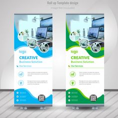 two roll up banners with computers on them