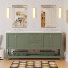 a bathroom with two sinks, mirrors and a rug on the floor in front of it