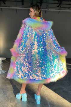 Odessa Sequin Coat – SPACE ISLAND Space Island, Sequin Coats, Fabric Rainbow, Fest Outfits, Festival Looks, Coat Design, Sequin Fabric, Look Vintage, Rave Outfits