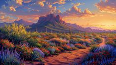 a painting of a desert landscape with flowers and mountains in the background