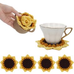 crocheted coasters with coffee cup and saucer in the shape of sunflowers