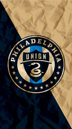 the philadelphia union logo on crumpled paper with blue and gold stripes in the center, as well as an emblem for the united states