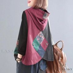 Lasaky - Vintage-style Denim Vest with Hoodie and Printed Patchwork, Providing a Slimming Look Womens Denim Vest, Vintage Denim Vest, Denim Waistcoat, Waistcoat Woman, Fall Vest, Sleeveless Coat, Denim Hoodie, Hooded Vest, Sleeveless Jacket