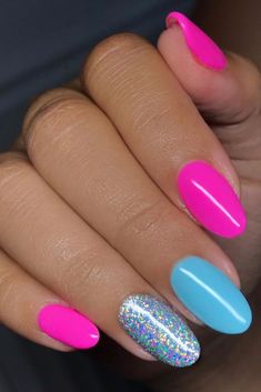 No Glitter Nails, Popular Acrylic Nails Almond, Rainbow Nail Art Designs Bright Colors, Two Nail Colors Ideas, Bright Dip Powder Nails, Bright Classy Summer Nails, Bright Gel Nail Colors, Classy Fun Nails, Summer Gel Nails Colors