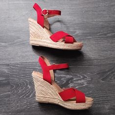 Nwot Sugar Red Ankle Strap Espadrille Wedges. Buckle Ankle Strap. Cross Straps At Toes. 3.5" Heel. Women's Size 7. Tiki Whimsygoth Indie Pinup Spring Break Tomato Valentine Taylor Swift Eras Red Ankle-high Heels For Summer, Sugar Shoes, Taylor Swift Eras, Espadrille Shoes, Espadrilles Wedges, Cross Straps, Spring Break, Ankle Strap, Taylor Swift