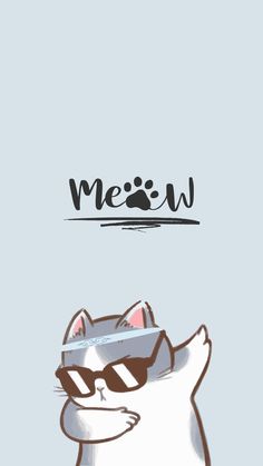 a cat wearing sunglasses with the word meow above it