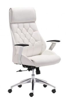 a white office chair with wheels on the back and seat upholstered in leather