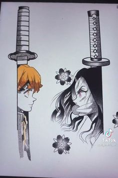 two anime characters are standing next to each other with swords on their heads and flowers in their hair