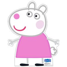 peppa pig in a pink dress with her arms out and eyes wide open, standing