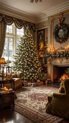 Vintage Christmas Decor Ideas Green Victorian Living Room, Victorian Christmas Aesthetic, Old World Christmas Tree, Vintage Christmas Decor Ideas, Antique Christmas Decorations, Victorian Christmas Decorations, Christmas Tree Vintage, Victorian Living Room, Cozy Rooms