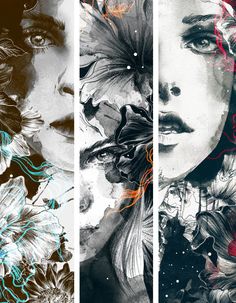 three different pictures with flowers on them and one has an image of a woman's face