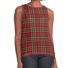 Women's sleeveless tank with vivid edge-to-edge sublimation print on front. Spliced materials for comfort. Front panel made from silky chiffon and solid color black or white jersey back. Sizes available XS- 2XL. Royal Stewart tartan plaid for clan Stewart of Scotland. The tartan pattern consists of horizonal and vertical bands of differing colours originally woven in wool but can now be made from many more materials and also printed directly onto materials. Tartan is particularly associated with Maclean Tartan, Scottish Women, Royal Stewart Tartan, Stewart Tartan, Family Women, Scottish Plaid, Tartan Design, Tartan Fabric, Sleeveless Top Designs