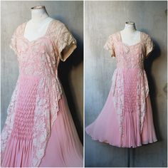 Bust: 34"~39" Waist: 34" Hips: 50" Such a beautiful dress! Gorgeous colors and lace, and those amazing smocking details at the front of the dress! Heart-shaped neckline. It's even more stunning in person. I believe it's made of sheer or crepe.  Issues: Faint discoloration on the armpits. Some repairs on the right sleeve. Some small holes and splits. One spot. Faded on both sides of the dress. Overall, in good condition.  - 【Please take note of the following guidelines before making a purchase fr Lace Dress With Smocked Bodice And Short Sleeves, Short Sleeve Lace Dresses With Smocked Bodice, Fitted Pleated Lace Dress, Fitted Lace Pleated Dress, Fitted Lace Dress With Smocked Bodice, Vintage Fitted Dress With Smocked Bodice, Fitted Lace Dress With Pleated Bodice, Spring Vintage Lace Dress With Empire Waist, Pleated Lace Wedding Dress