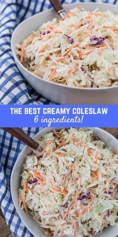 two bowls filled with coleslaw slaw on top of a blue and white checkered table cloth