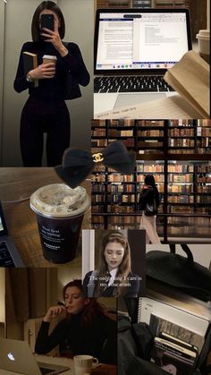 a collage of photos with books, laptops, and people in the background