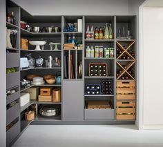 an organized pantry with lots of bottles and containers on shelves in the middle of it