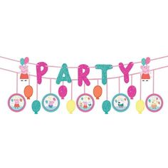 a party banner with some decorations hanging from it's sides and balloons in the air