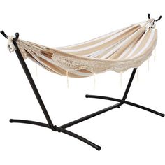 a hammock that is sitting on a stand with two black legs and one white striped hammock