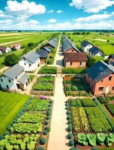 an aerial view of a garden with houses in the background and green fields on both sides