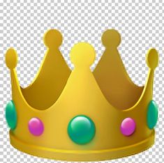 a yellow crown with green and pink balls on the bottom, against a white background