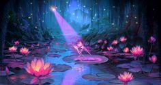 the princess and the frog is in the water surrounded by lily pads with lights coming from them