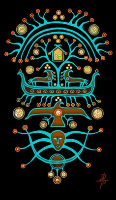 an image of the tree of life on a black background with blue and orange colors