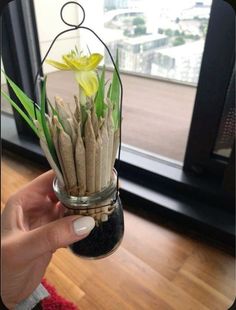 a person holding a glass jar with flowers in it and some sand on the ground