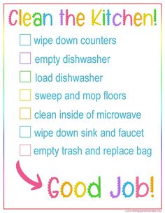 a cleaning checklist with the words clean the kitchen written in rainbow colors on it