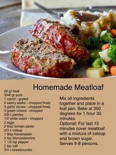 a plate with meatloaf, vegetables and mashed potatoes