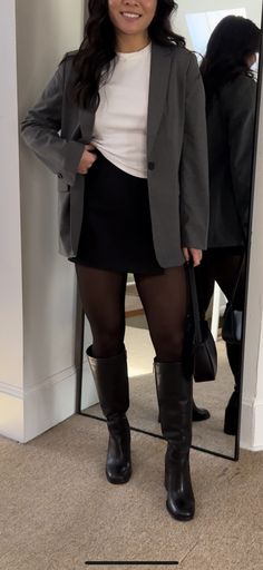 Black Skirt Boots Outfit, Black Skirt And Blazer Outfit, Black Mini Skirt Winter Outfit, Black Boots Work Outfit, Mini Skirt Boots Outfit, Grey Blazer Outfit Work, Knee High Boot Outfits, Black Mini Skirt Outfit Ideas, Skirt Blazer Outfit