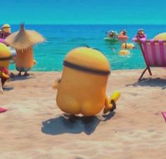 two cartoon characters sitting on beach chairs in the sand with people swimming in the ocean behind them