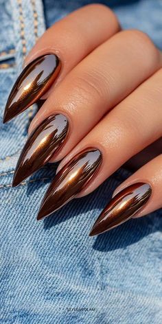 Fall Mustard Nails, Fall Nail Acrylic Ideas, Fun Fall Nails Acrylic, Fall Fingernail Designs Autumn, Fall Copper Nails, Fall Nail Designs Stiletto, Copper Fall Nails, Fall Long Nails Ideas, Sultry Nails