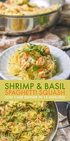 shrimp and basil spaghetti is served in a skillet