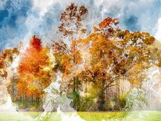 an artistic painting of trees in the fall