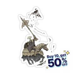 a sticker depicting a man on a horse with a spear in his hand and the words buy 10 get 50 % off