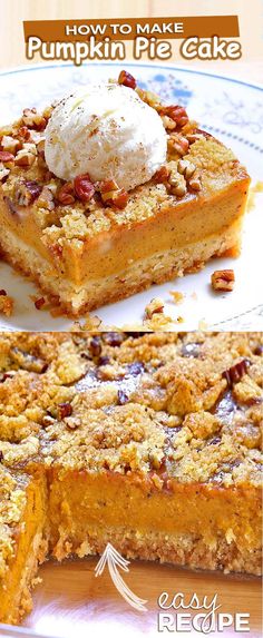 pumpkin pie cake is cut into squares and served on a white plate with a scoop of ice cream