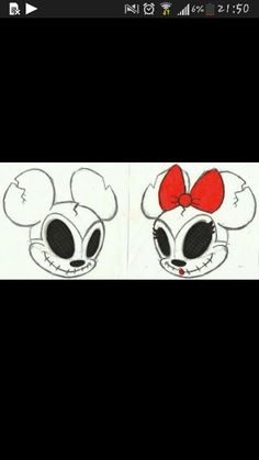 two drawings of minnie mouses with red bows on their ears and one has black eyes