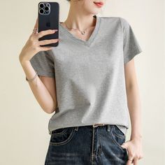 Summer Solid Color V-Neck Black Basic Tee  Material: 92.5%Cotton+7.5%Spandex  Style: Teen Girl Shirt Size: S, M, L, XL, 2XL, 3XL Color: Black, Gray  Occasion: Outdoor, Daily,  Vacation Gray Relaxed Fit V-neck Shirt, Plain Cotton V-neck Top, Casual Gray V-neck Top, Casual V-neck Plain Top, Stretch V-neck T-shirt For Work, Casual Cotton Stretch V-neck Top, Casual Plain V-neck Top, Casual Stretch Cotton V-neck Top, Casual Gray Tops For Work